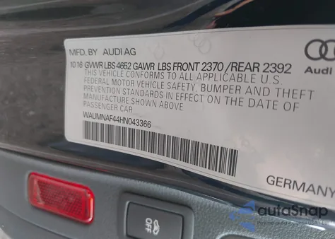 2017 Audi A4 2.0T Premium from USA, damaged, VIN WAUMNAF44HN043366